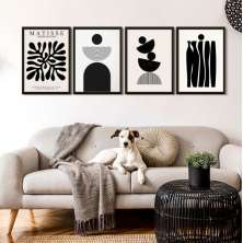 Kit 4 Quadros Para Sala Abstratos Preto E Branco Matisse 33x24cm - com vidro