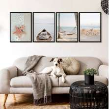 Kit 4 Quadros Praia Soft - Branco e Bege 24x18cm