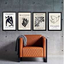 Kit 4 Quadros Preto Cinza - Matisse Picasso 45x34cm - com vidro