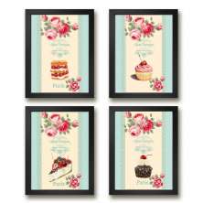 Kit 4 Quadros Vintage Para Cozinha Doces E Bolos 33x24cm - com vidro