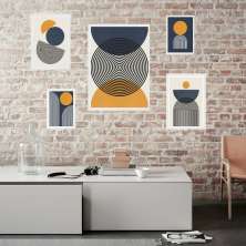 Kit 5 Quadros Abstratos Azul e Amarelo - com vidro