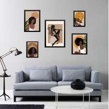 Kit 5 Quadros Mulheres Negras Boho - com vidro