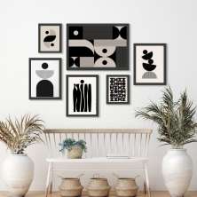 Kit 6 Quadros Abstratos- Formas Preto E Branco - com vidro