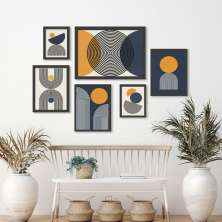 Kit 6 Quadros Abstratos Minimalistas Azul E Mostarda - com vidro