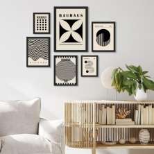 Kit 6 Quadros Bauhaus Preto e Bege - com vidro