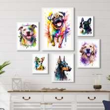Kit 6 Quadros Cães Raças Diversas - com vidro
