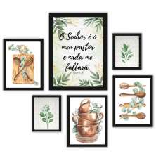 Kit 6 Quadros Cozinha - Folhas - com vidro