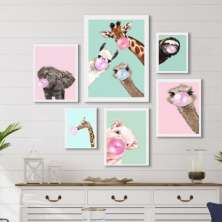Kit 6 Quadros Decorativos Animais Chicletes - com vidro