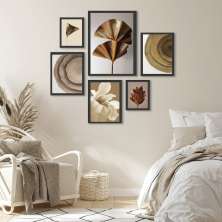 Kit 6 Quadros Decorativos Bege Marrom E Dourado - com vidro