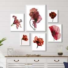 Kit 6 Quadros Decorativos Flores Vinho Marrom Marsala - com vidro