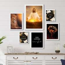 Kit 6 Quadros Evangélicos- Jesus Fé Gratidão - com vidro