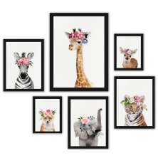 Kit 6 Quadros Filhotes Animais Com Flores