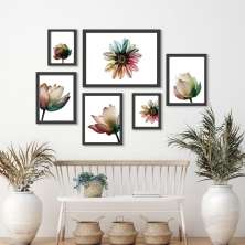 Kit 6 Quadros Florais Minimalistas Brancos - com vidro