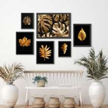 Kit 6 Quadros Folhas Douradas Fundo Preto - com vidro