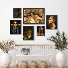 Kit 6 Quadros Folhas E Mulheres Douradas - com vidro