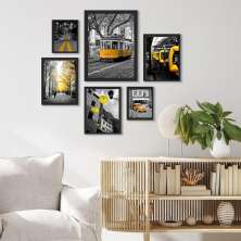 Kit 6 Quadros Fotografias Cidades Amarelo e preto - com vidro