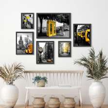 Kit 6 Quadros Fotos Cidades Amarelo - com vidro