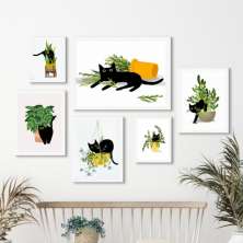 Kit 6 Quadros Gatinho Com Plantas - com vidro