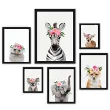 Kit 6 Quadros Infantis Animais Com Flores - com vidro