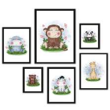 Kit 6 Quadros Infantis Tema Safari Aquarela - com vidro