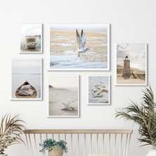 Kit 6 Quadros Neutros Praia- Branco E Bege - com vidro