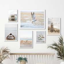Kit 6 Quadros Praia- Fotos Branco E Bege - com vidro
