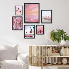 Kit 6 Quadros Praia Cor De Rosa - com vidro