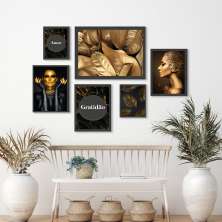 Kit 6 Quadros Pretos Com Dourados Mármore