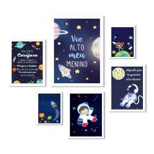 Kit 6 Quadros Quarto Infantil Menino Tema Espacial - Cristão - com vidro