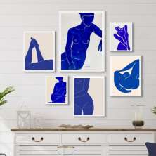 Kit 6 Quadros Quarto Nú Artísticos Azuis