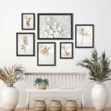 Kit 6 Quadros Suaves Flores Branco Com Dourado - com vidro