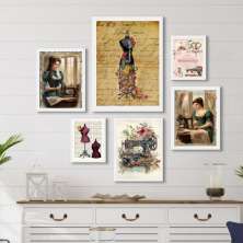 Kit 6 Quadros Vintage Para Atelier De Costura - com vidro