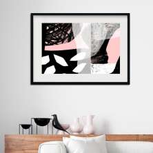 Quadro Horizontal Abstrato Preto e Rosa - 60x48cm