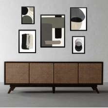 kit 5 Quadros Abstratos Bege Preto Cinza - com vidro