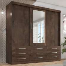 Guarda Roupa Casal Capri 3 Portas Correr 9 Gav C/ Espelho  Chocolate