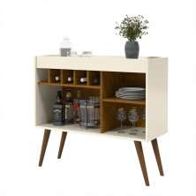 Aparador Bar New Odin Adega 5 Garrafas 2 Nichos Pés Palito Madeira Maciça Decoração Sala Jantar Estar - Off White/Freijó - RPM Móveis