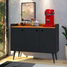 Aparador Buffet 3 Portas Balcão Moderno Multiuso Pequeno 90 cm Sala Estar Jantar Escritório Wood New- Preto/Cinamomo -RPM Móveis