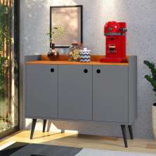 Aparador Buffet 3 Portas Moderno 90 cm Cantinho Café Sala Estar Jantar Recepção Pequena Wood New- Cinza/ Cinamomo - RPM Móveis