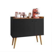 Aparador Buffet Wood Prime 3 Portas Cantinho Café Prateleira Organizadora Pés Palito Decoração Retrô - Preto-Nature - RPM Móveis