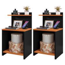 Conjunto 2 Mesinhas Lateral Cama Nicho Decoração Mesa Cabeceira Prateleira Suspensa Organizadora Quarto-Preto/Cinamomo- RPM Móveis