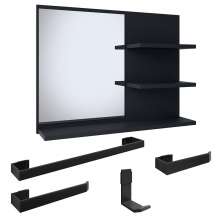 Conjunto Espelheira Aérea Prateleiras Organizadoras Espelho Astra e Kit Banheiro 4 Peças Aço Inox Resistente - Preto - RPM