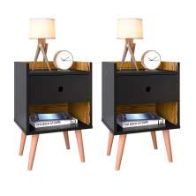 Conjunto Kit 2 Mesinhas com Gaveta e Nicho Moderna Mesa de Cabeceira Retrô Lateral Cama - Preto / Nature - Lojas RPM