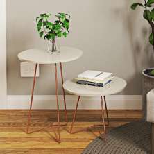 Conjunto Mesa Centro e Lateral Luisa com Pés de Cobre - Off White- RPM Móveis
