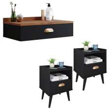 Conjunto Quarto 2 Mesas Cabeceira Retrô Mesinha Lateral Cama Preto/Freijó E Penteadeira Suspensa Organizadora Decoração Ambiente Preto- RPM Móveis 