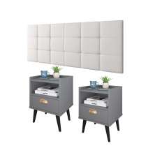 Jogo Quarto Completo Kit 2 Mesinhas Nicho Retrô Estilo Cinza e Cabeceira Suspensa Cama Box King Size 1.95 Bia Branco Corino - RPM Móveis