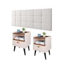 Jogo Quarto Completo Kit 2 Mesinhas Nicho Retrô Estilo Off White/Freijó e Cabeceira Suspensa Cama Box King Size 1.95 Bia Branco Corino - RPM Móveis