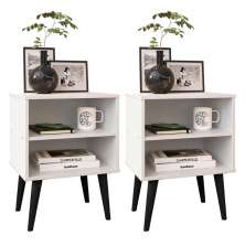 Kit 2 Mesinhas Apoio Lateral Cama Nicho Prateleira Pés Palito Jogo Mesa de Cabeceira Decoração Quarto Completo - Branco/Preto - RPM Móveis