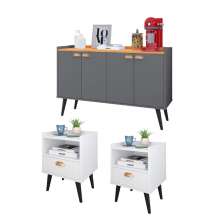 Kit 2 Mesinhas Cabeceira Estilo Retrô Branco 1 Gaveta Nicho Decorativo e Buffet Kiev Cantinho Café Cinza/Cinamomo - RPM Móveis