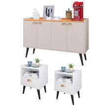 Kit 2 Mesinhas Cabeceira Estilo Retrô Branco 1 Gaveta Nicho Decorativo e Buffet Kiev Cantinho Café Off White/Cinamomo - RPM Móveis