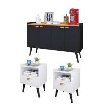 Kit 2 Mesinhas Cabeceira Estilo Retrô Branco 1 Gaveta Nicho Decorativo e Buffet Kiev Cantinho Café Preto/Cinamomo - RPM Móveis